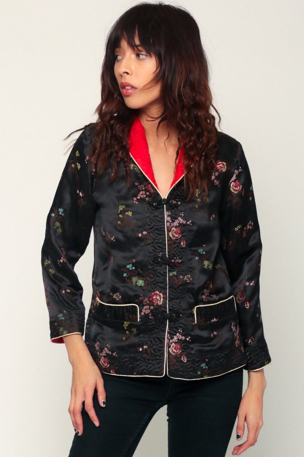90s Chinese Reversible Satin Jacket Black Red Embroidered Mandarin Collar Small
