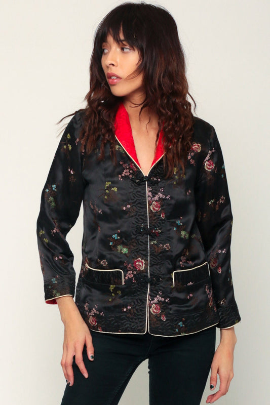 90s Chinese Reversible Satin Jacket Black Red Embroidered Mandarin Collar Small