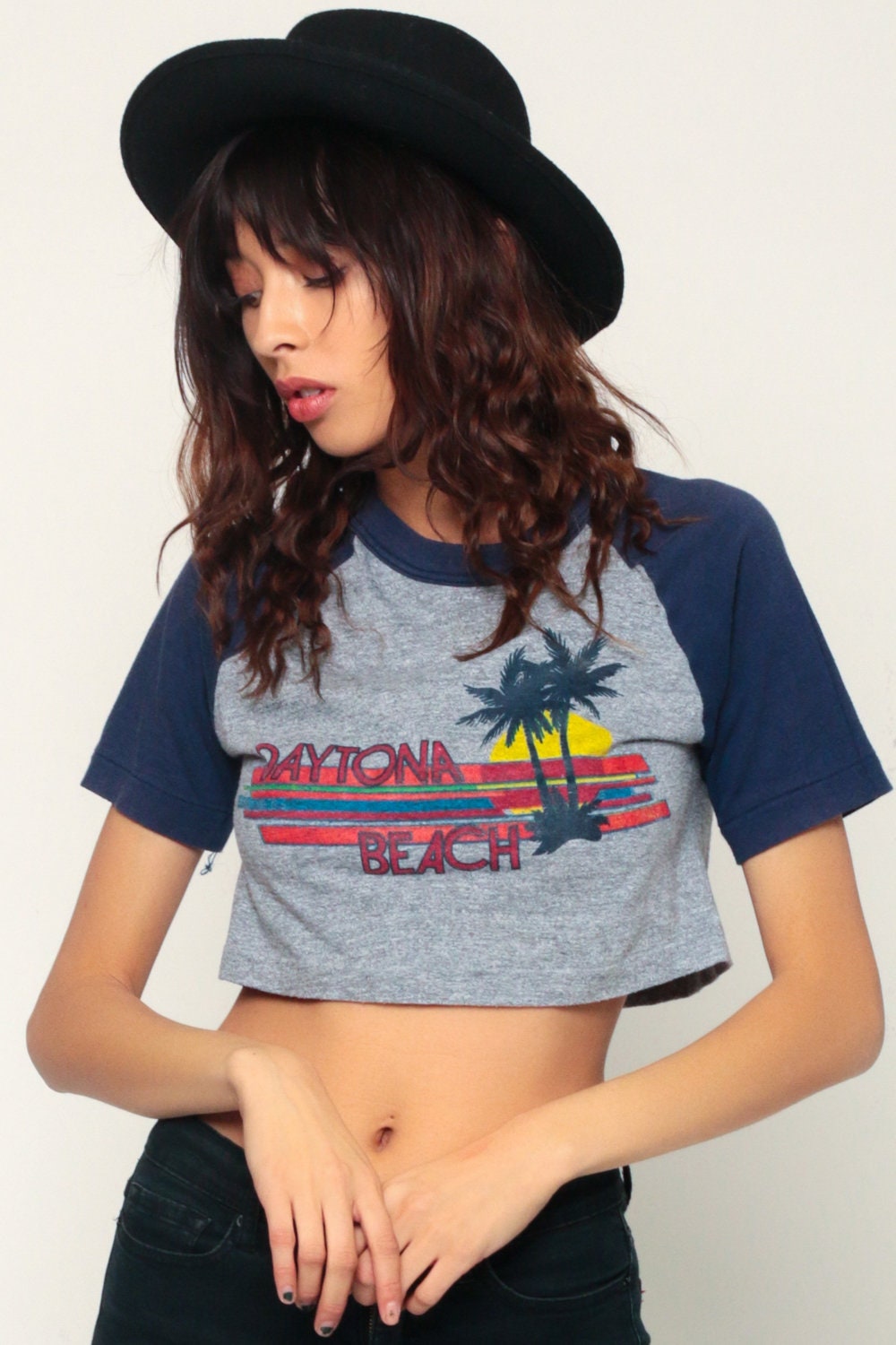90s Daytona Beach Ringer Tee Crop Top Raglan Sleeve Grey Small