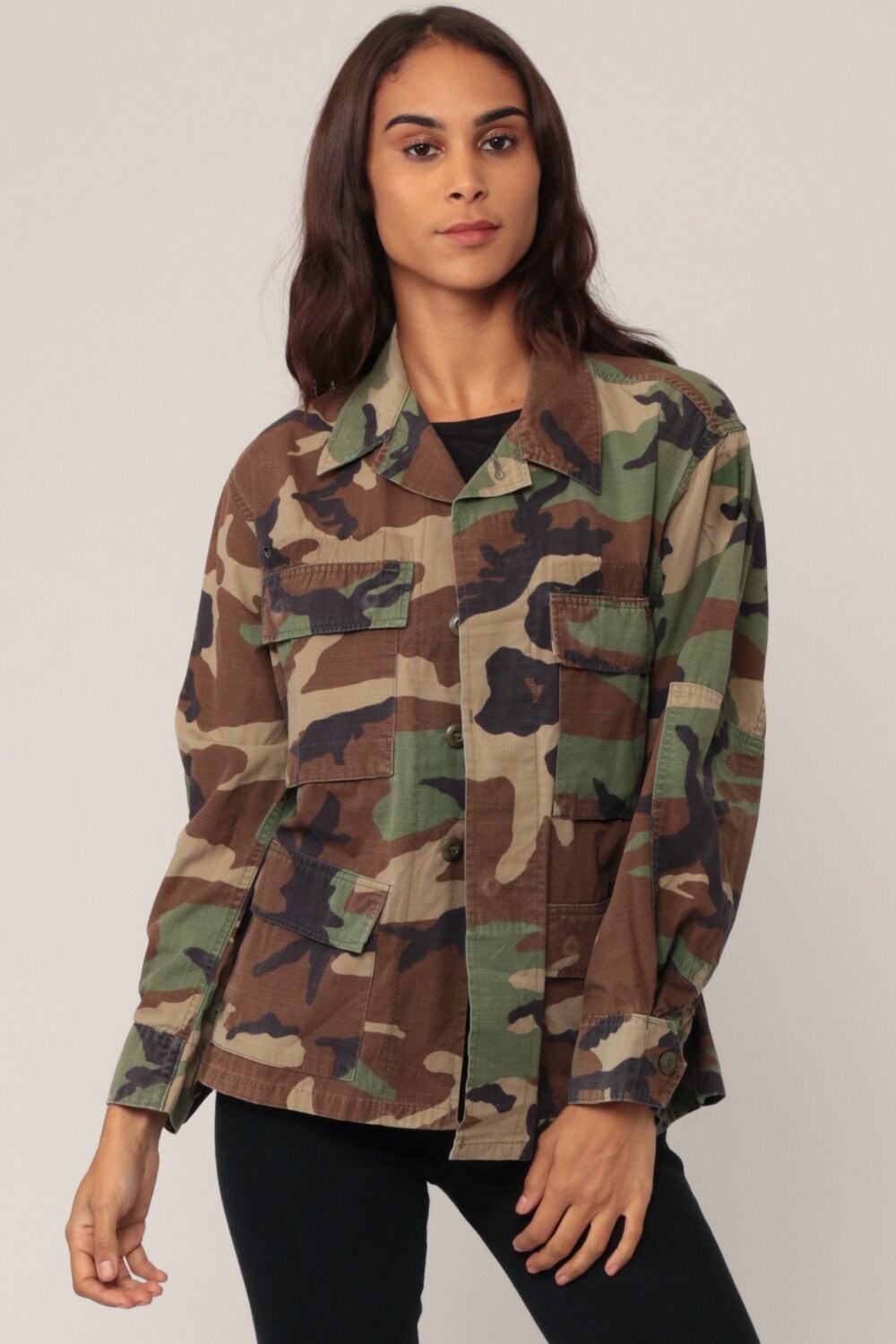 90s Army Camouflage Button-Up Shirt Olive Drab Unisex Small