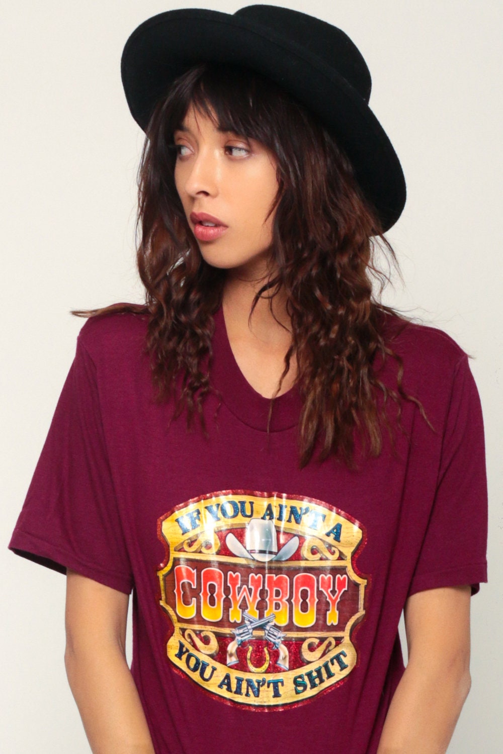 80s Cowboy Graphic T-Shirt Iron On Burgundy Unisex Large