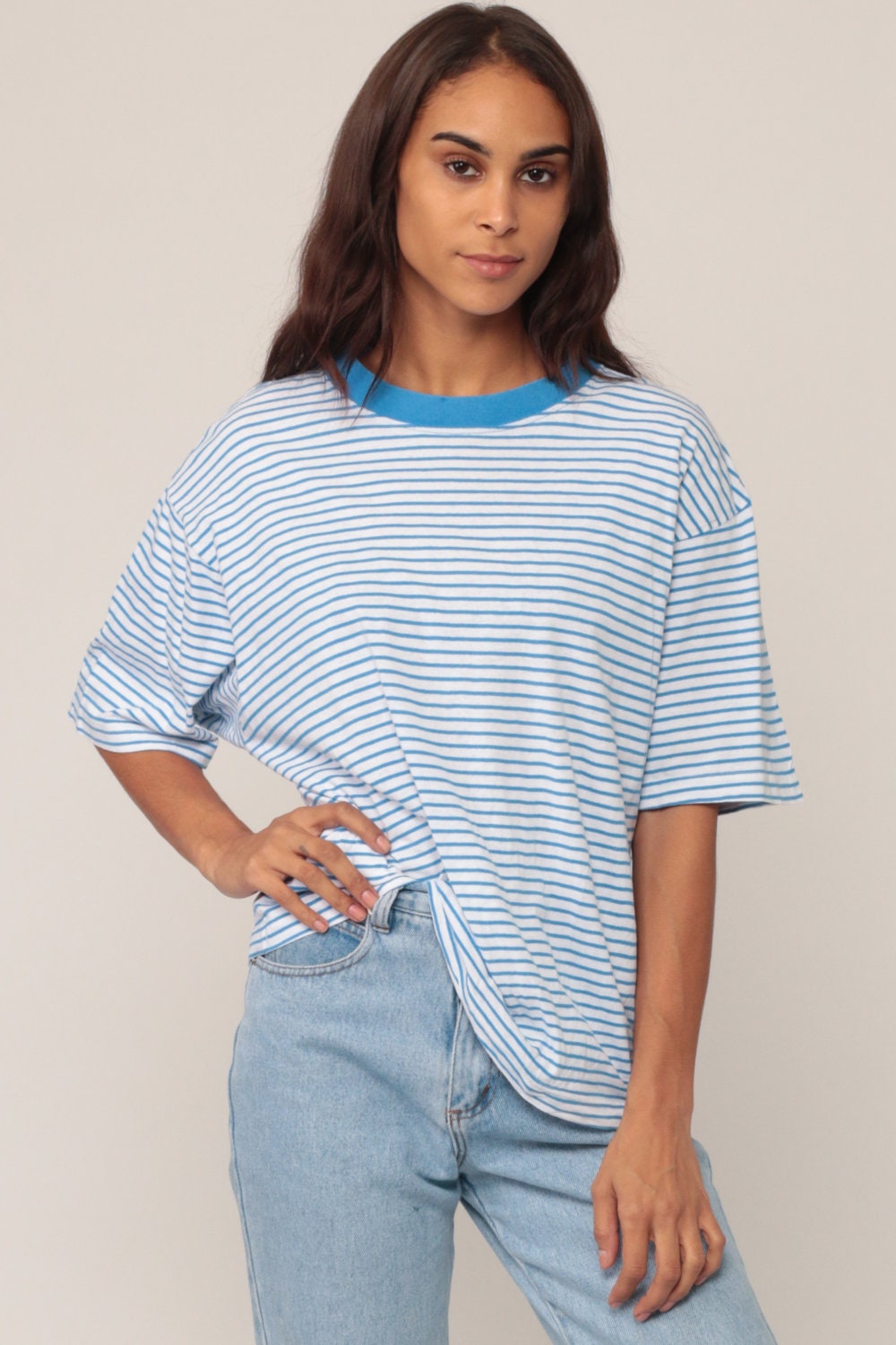 90s Blue & White Striped Ringer T-Shirt Unisex Cotton Tee Large