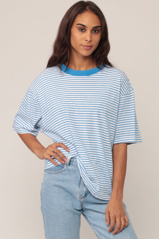 90s Blue & White Striped Ringer T-Shirt Unisex Cotton Tee Large
