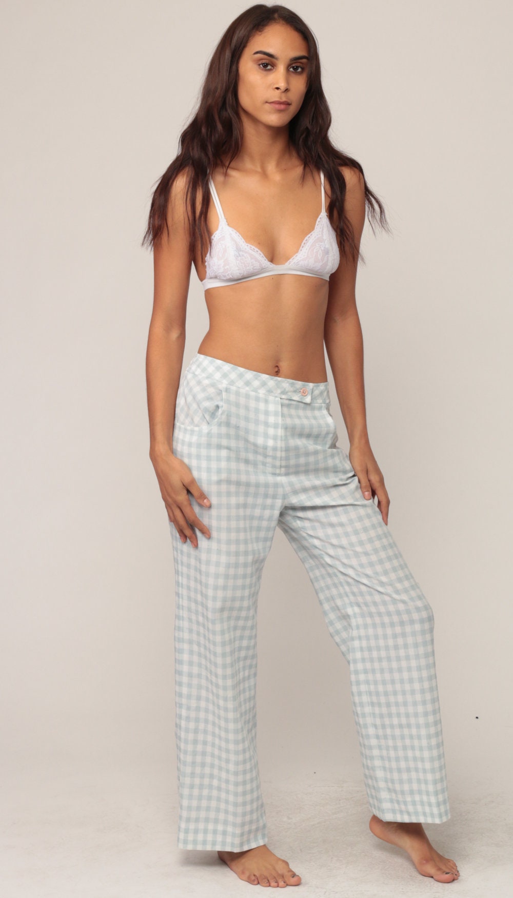 70s Green White Gingham Wide Leg Trousers High Waist Plaid Small
