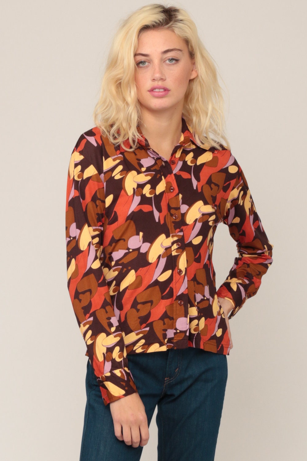70s Psychedelic Print Button-Up Blouse Long Sleeve Brown Nylon Medium