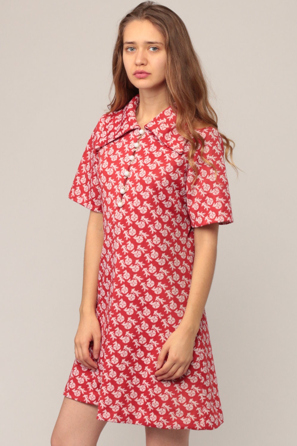 70s Rickshaw Print Shift Mini Dress Button Up Red Large