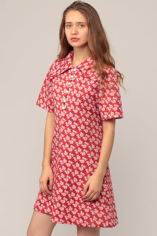 70s Rickshaw Print Shift Mini Dress Button Up Red Large