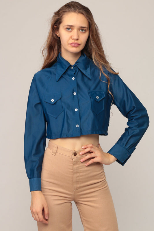 70s Blue Crop Top Long Sleeve Button Up Shirt Medium