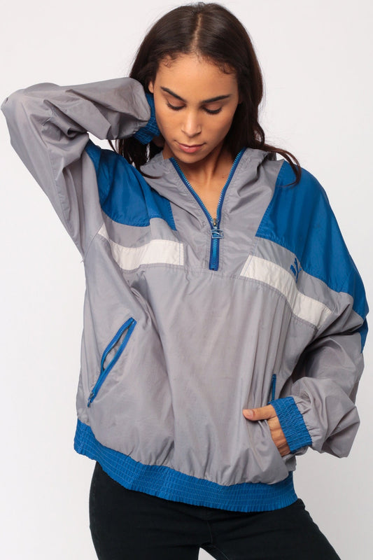 Puma 80s Windbreaker Jacket Half Zip Hooded Grey Blue Stripe Small