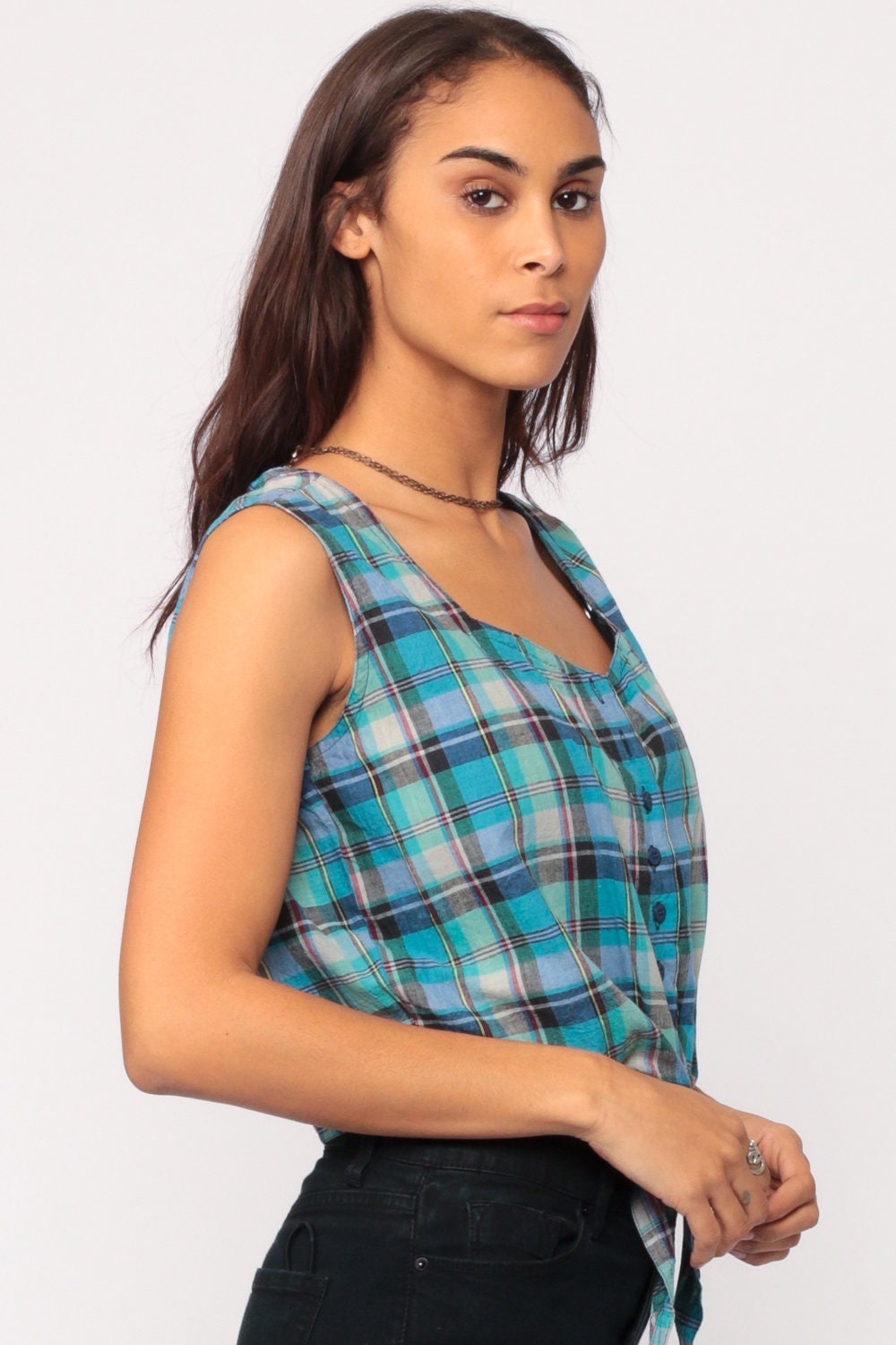 90s Plaid Cotton Crop Top Sleeveless Button-Up Blouse Tie Waist Blue Medium Large