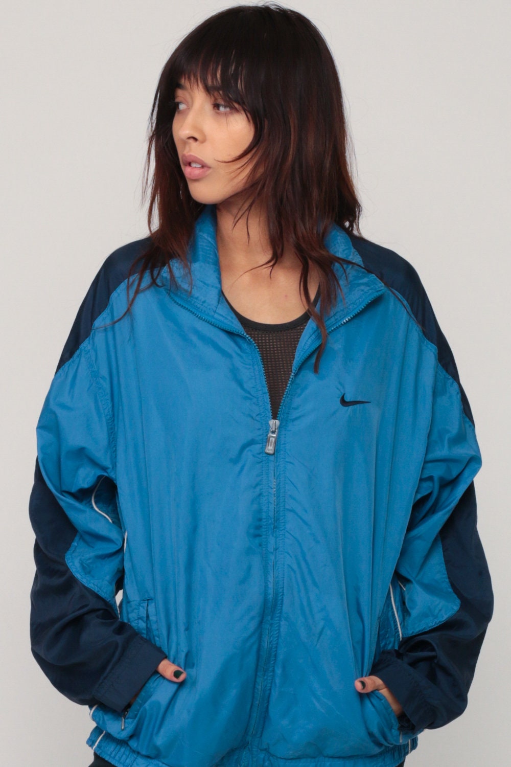90s Nike Blue Striped Windbreaker Jacket Zip Shell Medium