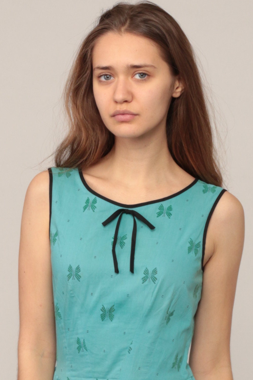 60s Butterfly Print Turquoise Mini Dress Cotton Sleeveless High Waist Small