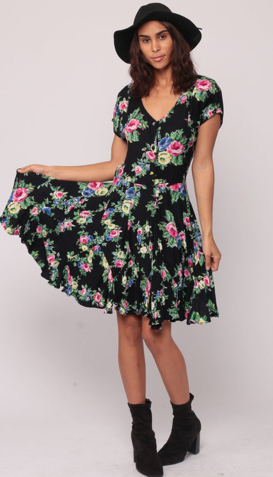 90s Black Floral Rayon Mini Dress Drop Waist Button Front Medium
