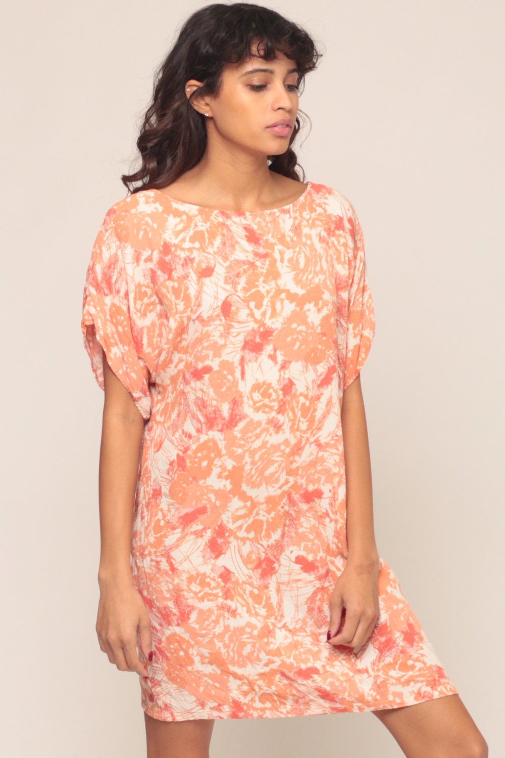 90s Orange Floral Print T-Shirt Dress Micro Mini Tunic Medium