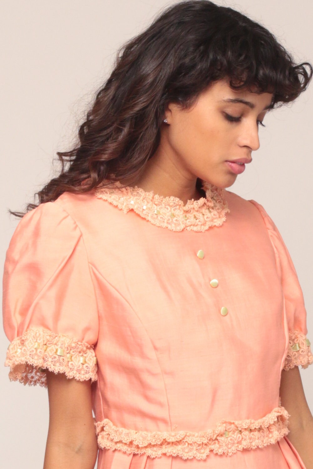 60s Pink Mini Dress Puff Sleeve Bow Back Lace Trim Small