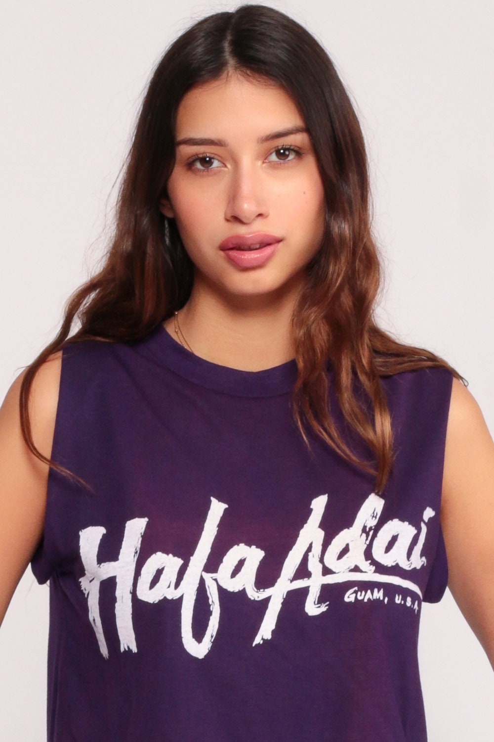 80s Hafa Adai Guam Graphic Tank Top Crop Purple Cotton Small Medium