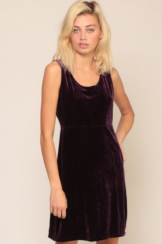 90s Purple Velvet Mini Dress Sleeveless High Waist Medium Large