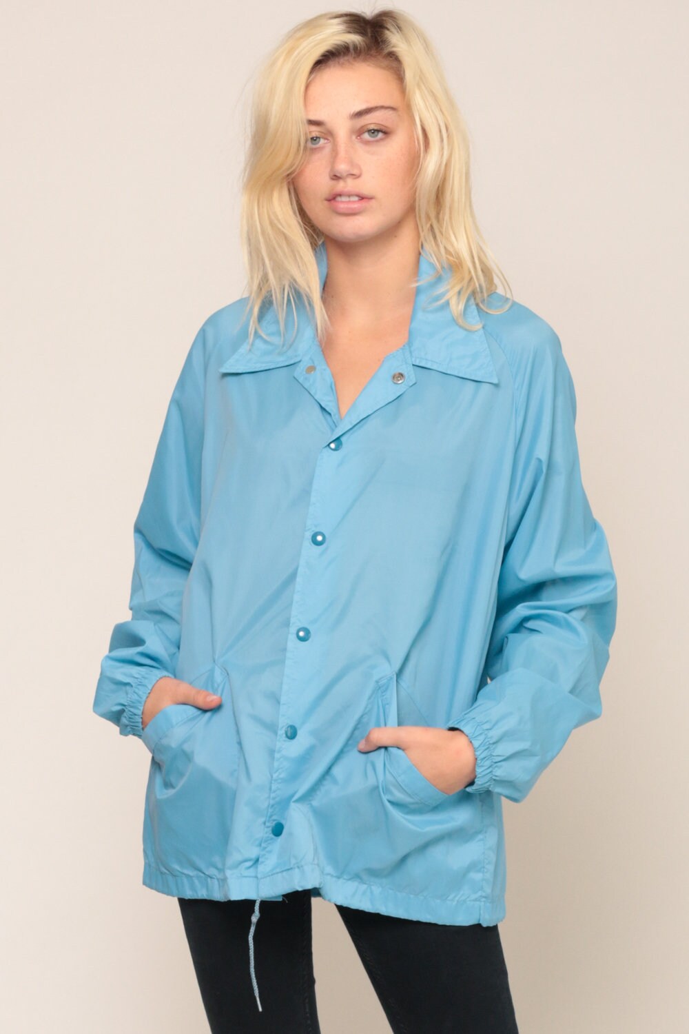 70s Baby Blue Windbreaker Jacket Snap Front Drawstring Unisex Extra Large