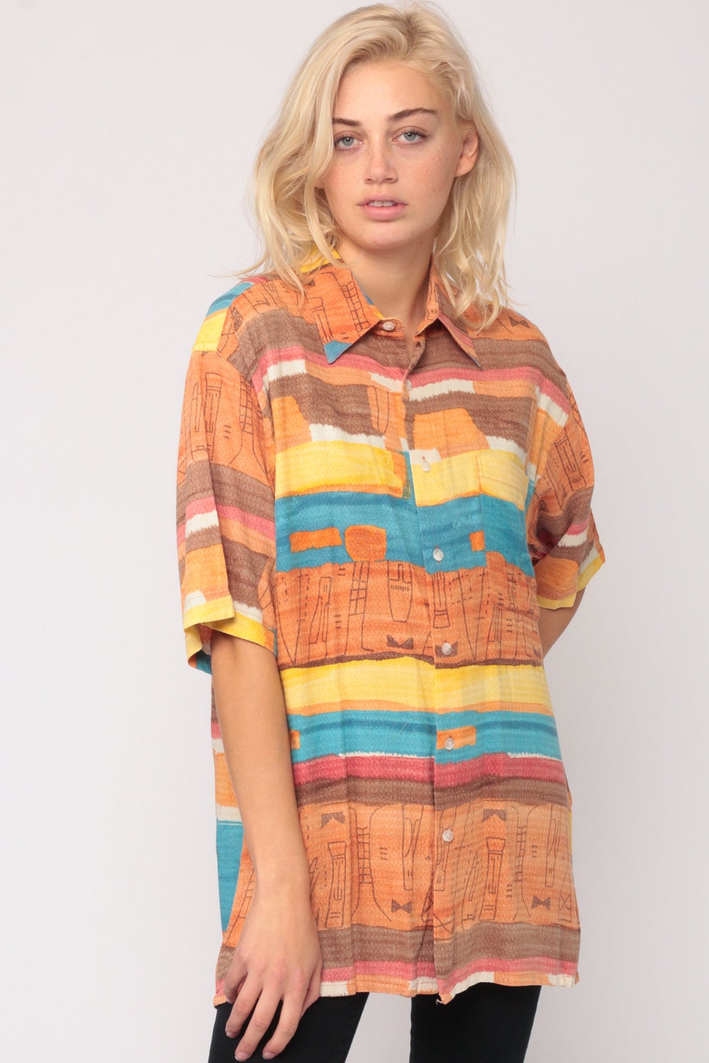 90s Tropical Striped Button-Up Shirt Orange Resort Unisex Medium Large