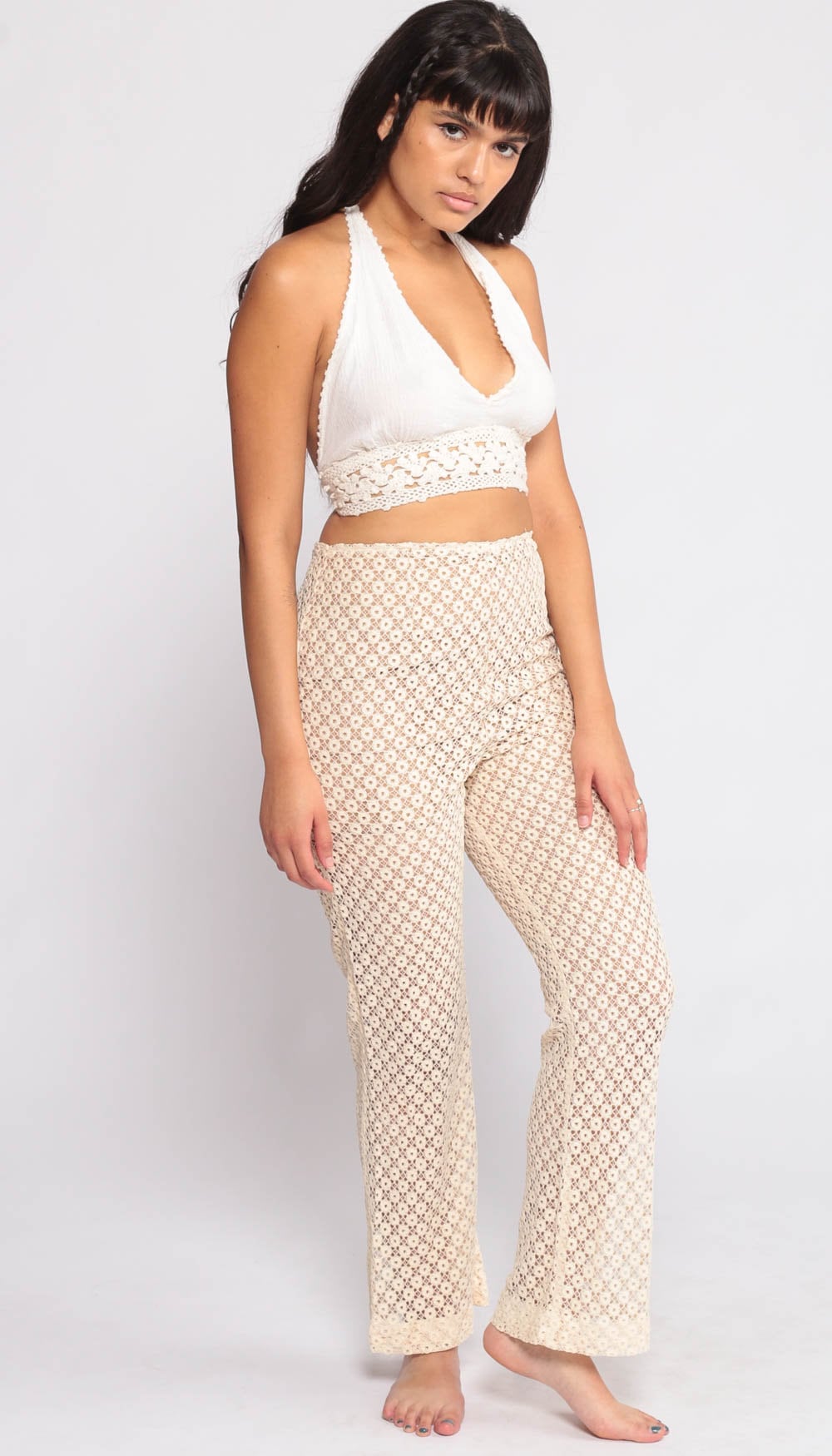 70s Cream Lace Cutout Bell Bottom Pants High Waisted Small Medium