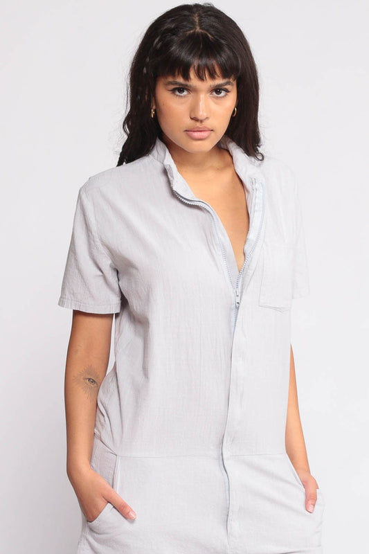 80s Grey Cotton Romper Playsuit Zip Front Pockets Short Sleeve Medium