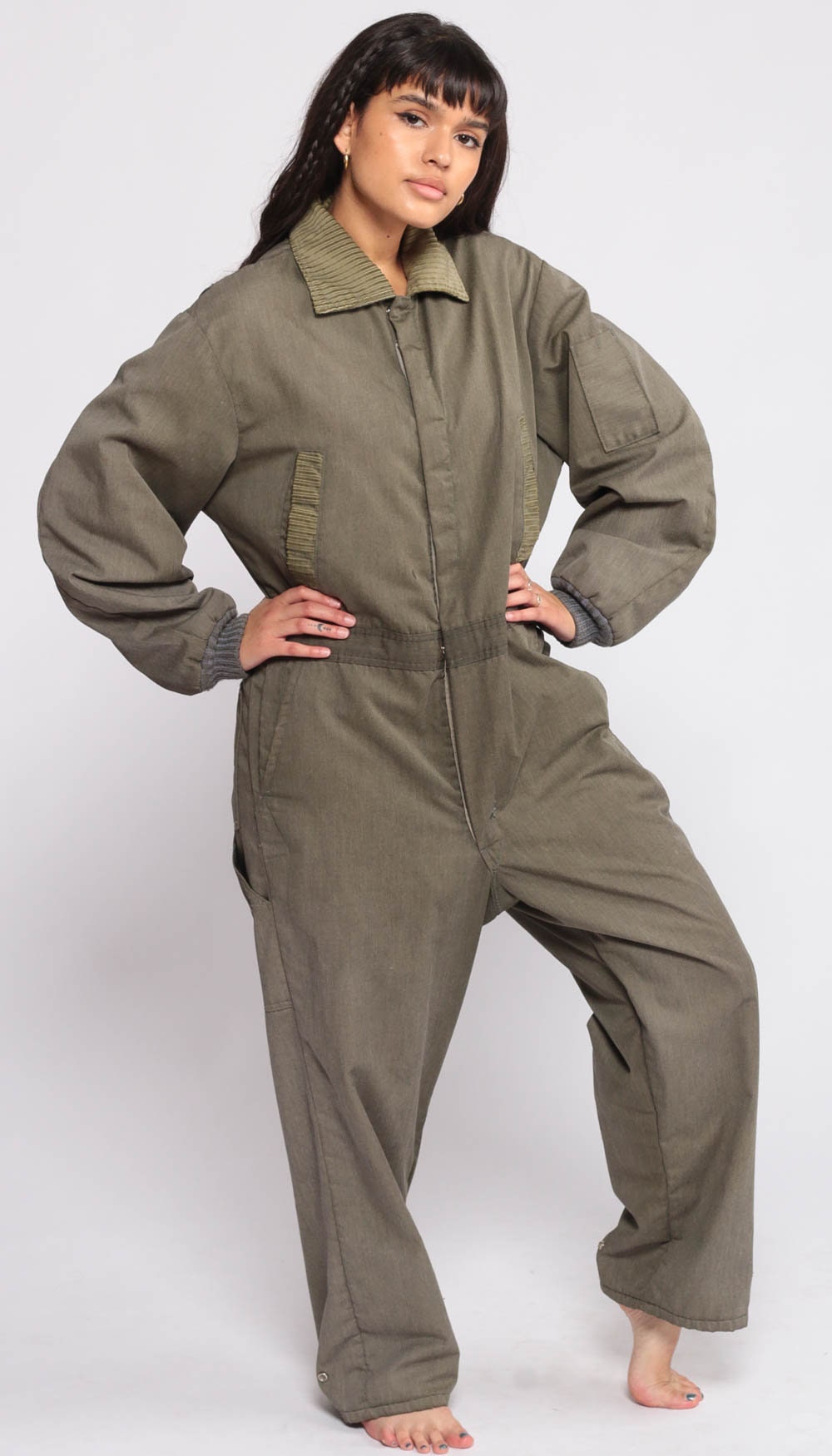 80s Sears Insulated Coveralls Jumpsuit Olive Green Zip Front Lined Medium Large
