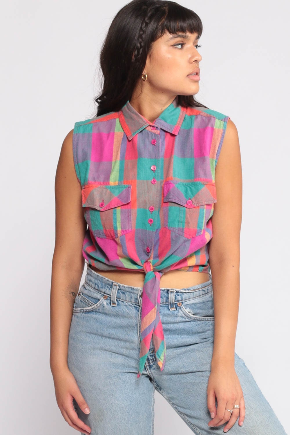 90s Plaid Crop Blouse Sleeveless Button-Up Tie Waist Pink Turquoise Medium