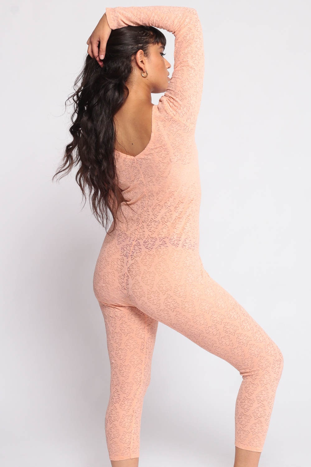 90s Peach Lace Jumpsuit Long Sleeve Sheer Bodysuit Petite Medium