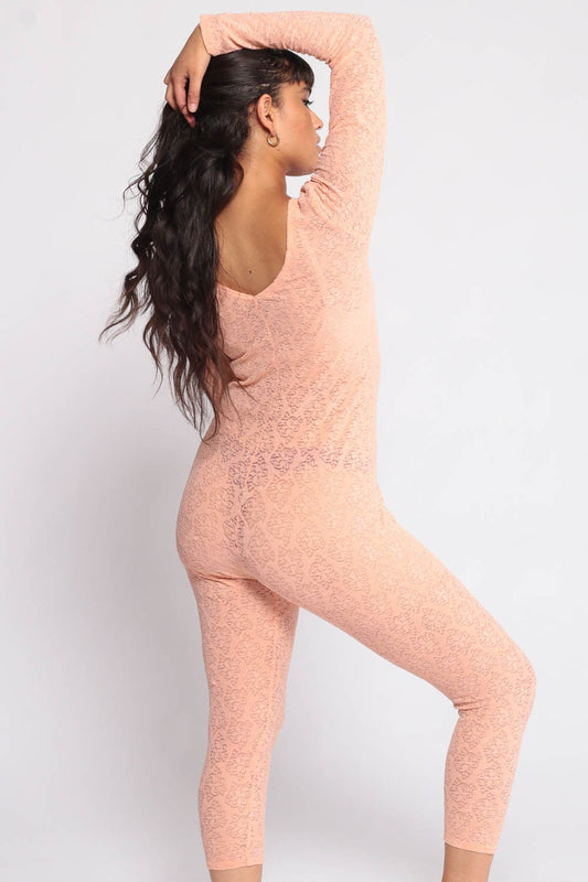 90s Peach Lace Jumpsuit Long Sleeve Sheer Bodysuit Petite Medium