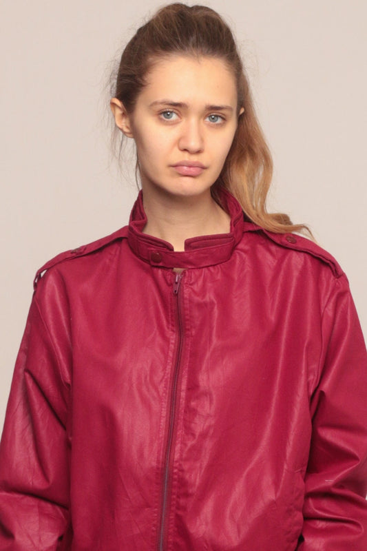 80s Burgundy Bomber Jacket Cafe Racer Windbreaker Unisex Medium Large