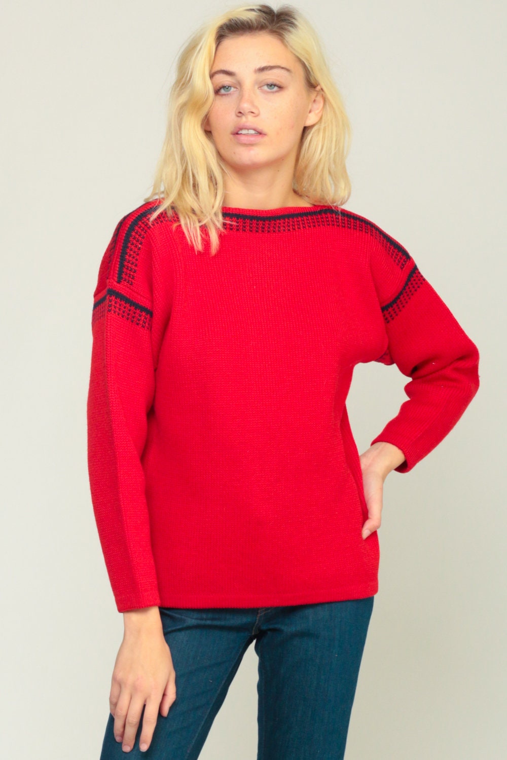 70s Red Boatneck Knit Sweater Pullover Jumper Medium Large