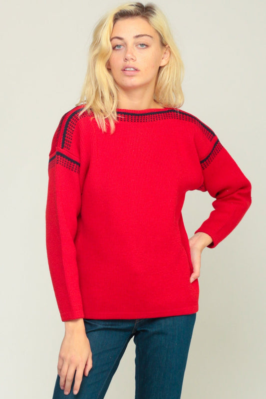 70s Red Boatneck Knit Sweater Pullover Jumper Medium Large