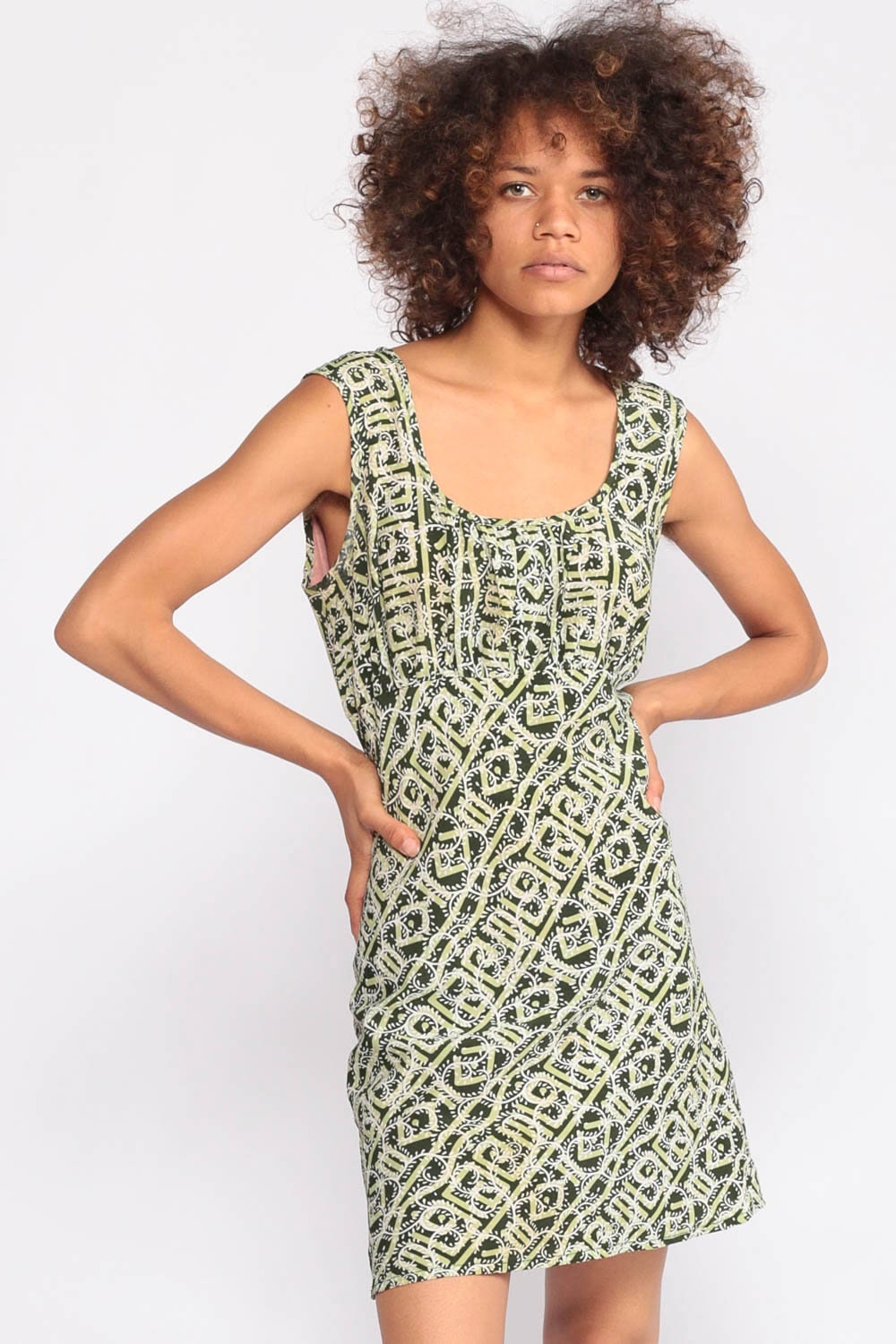 90s Babydoll Dress Tribal Print Empire Waist Mini Green Small