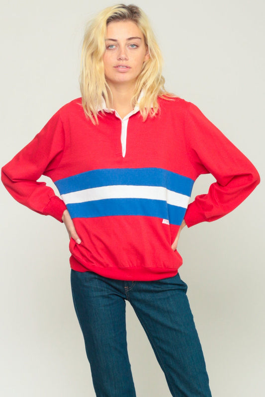 80s Polo Striped Sweatshirt Red White Blue Button Chest Extra Large