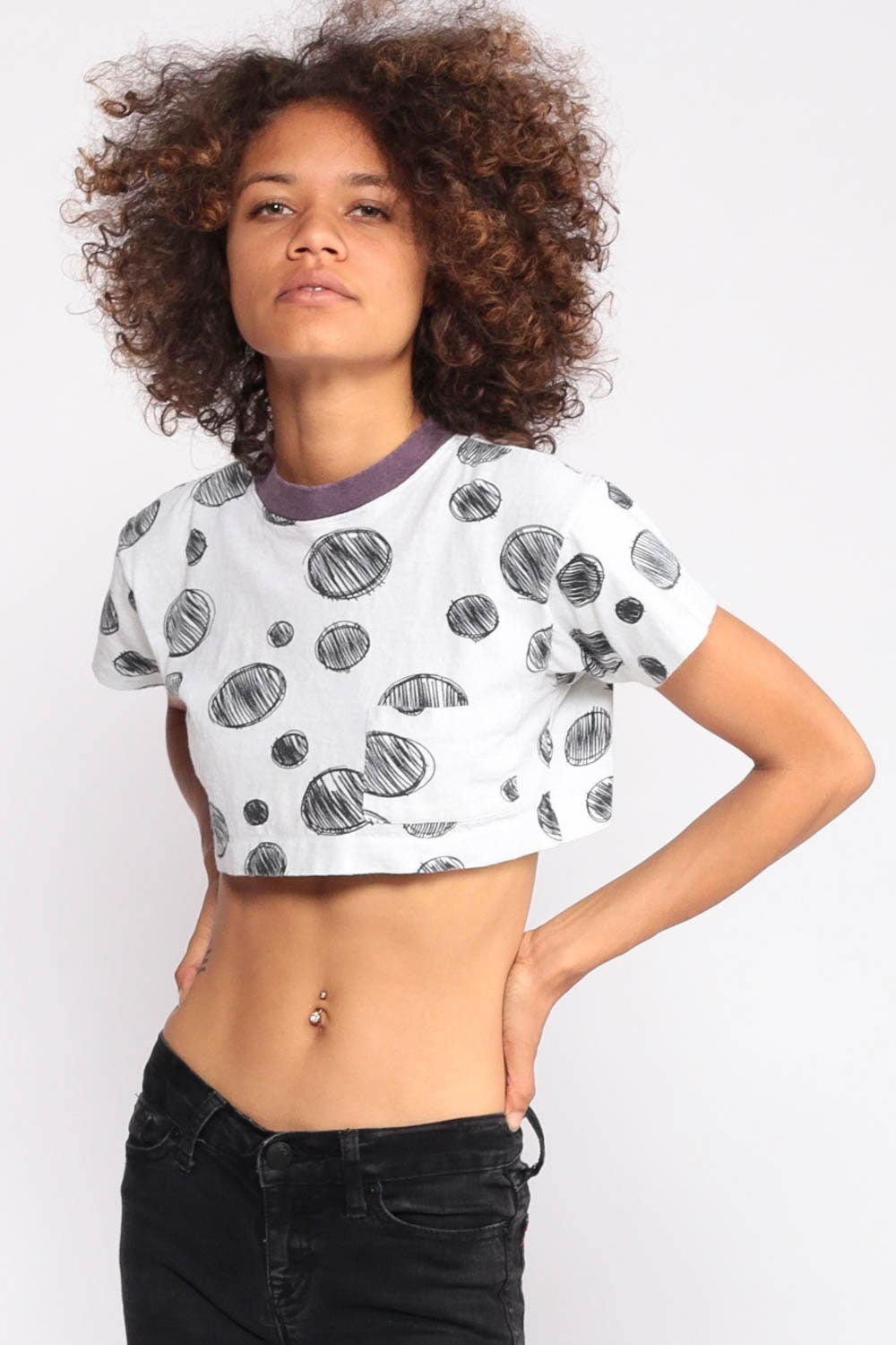 90s Polka Dot Ringer Crop Top White Black Cotton Tee Extra Small