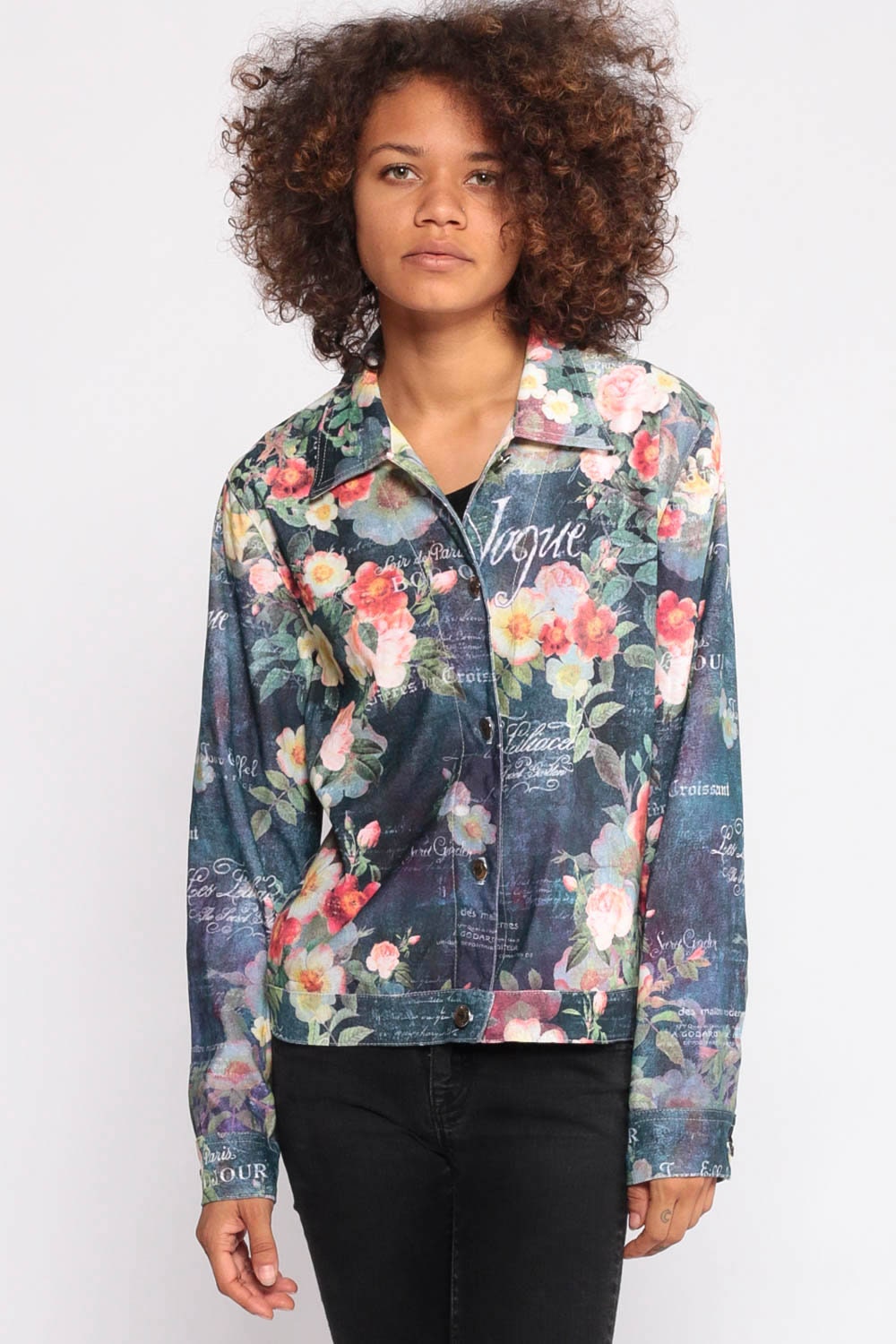 90s Vogue Floral Button-Up Shirt Long Sleeve Blue Extra Small