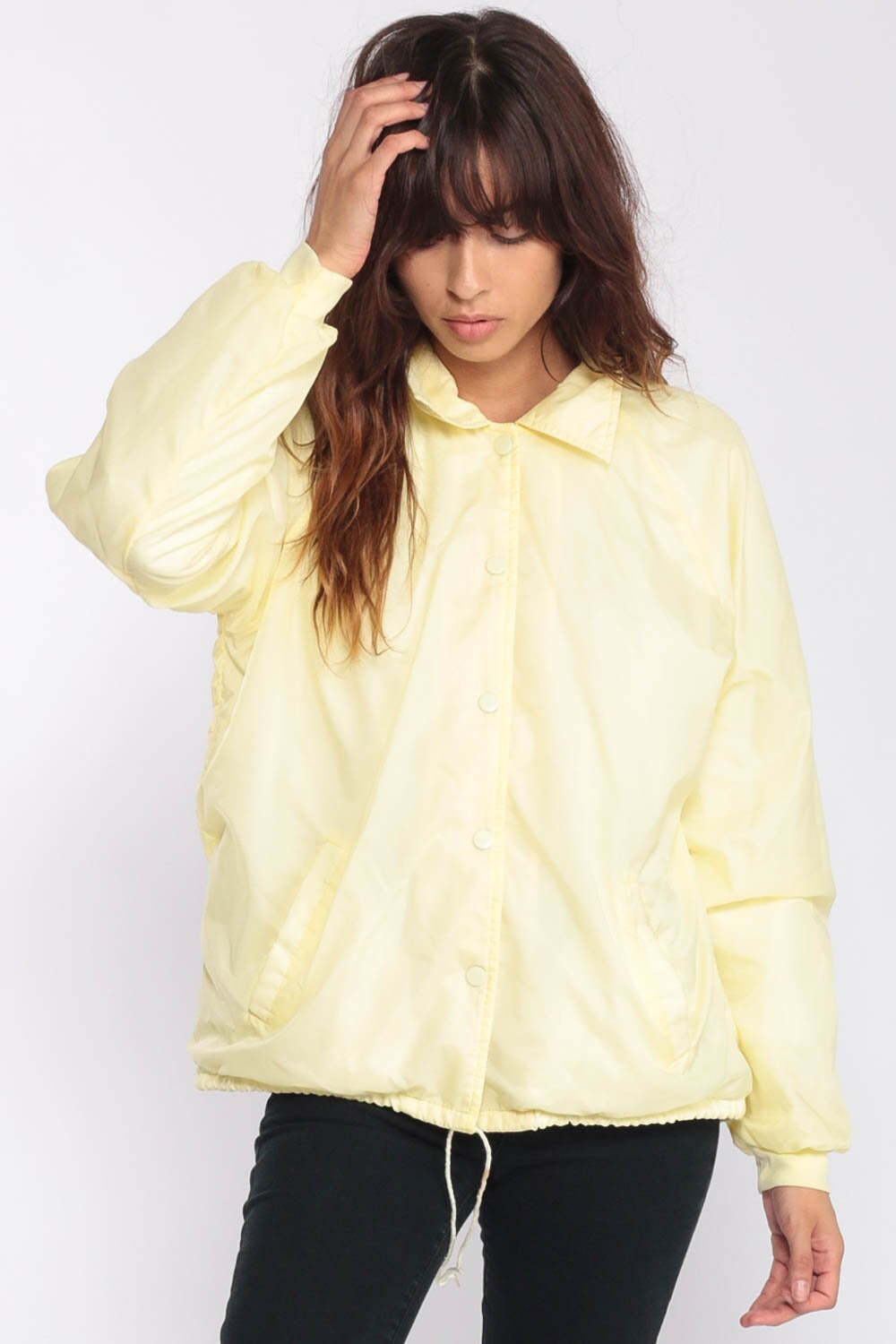 80s Yellow Pastel Windbreaker Jacket Raglan Snap-Up Medium