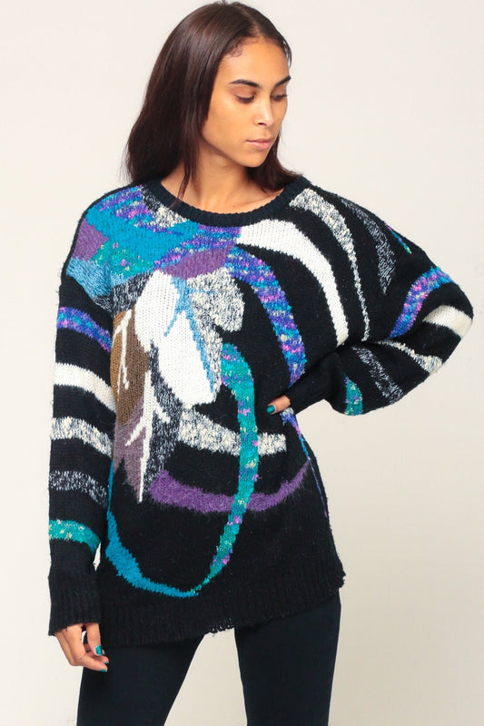 80s Leaf Print Knit Pullover Black Purple Abstract Sweater Extra Large