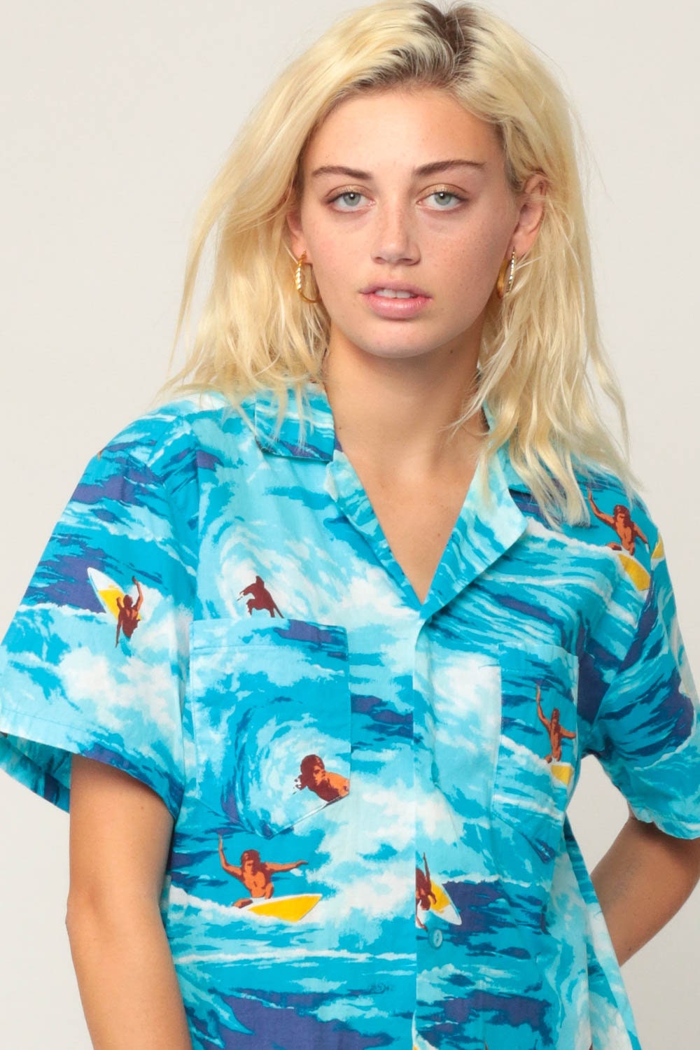80s Hawaiian Surfer Shirt Button Up Tropical Print Blue Unisex Medium Large