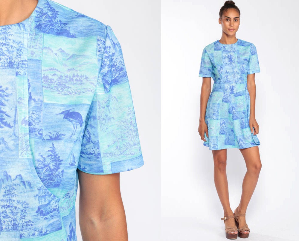 60s Mod Mini Dress Asian Bird Tree Print Blue High Waist Medium