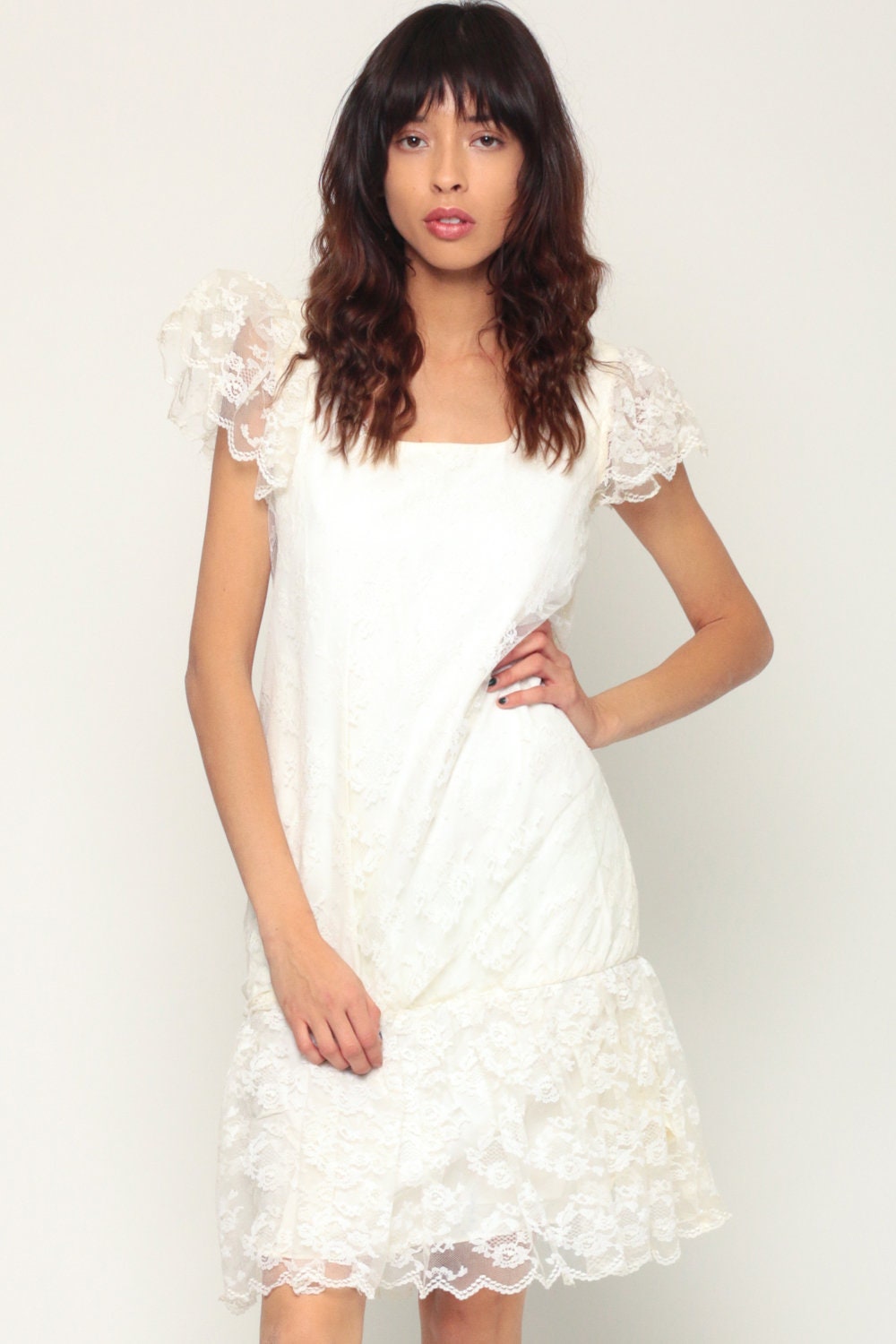 80s White Lace Mini Dress Puff Sleeve Drop Waist Party Gown Extra Small