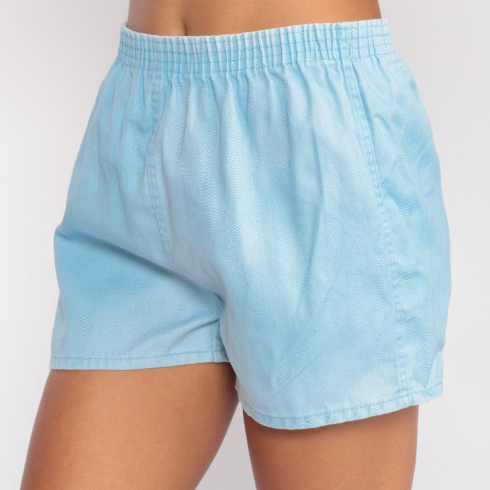 80s Baby Blue Running Shorts High Waist Elastic Denim Small Medium