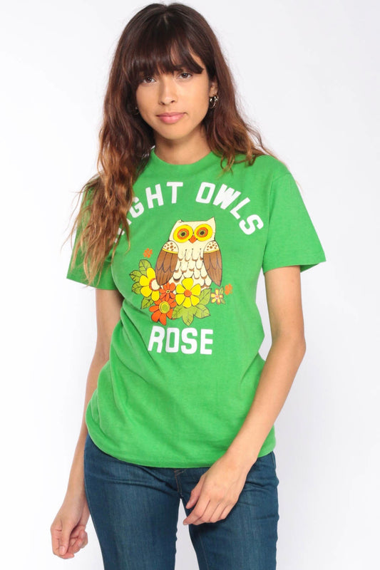 70s Night Owls Rose Owl Graphic T-Shirt Green Extra Small