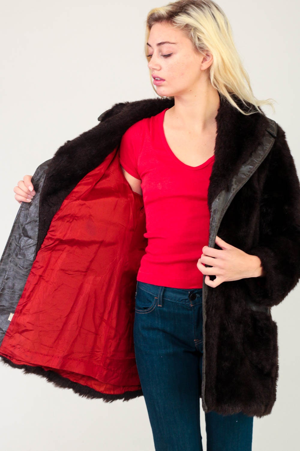 70s Faux Fur Jacket Brown Leather Trim Distressed Medium