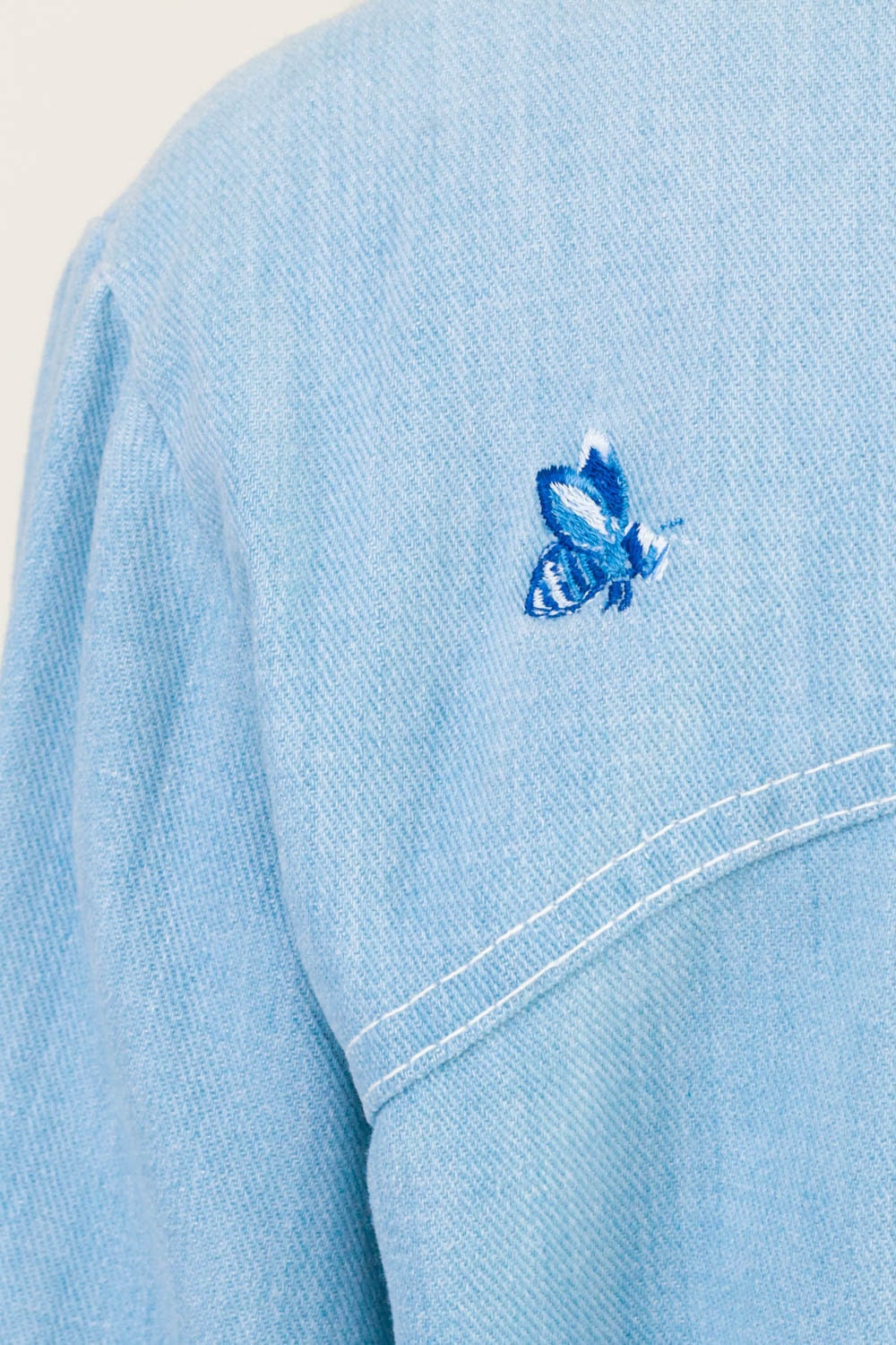 70s Blue Denim Shirt Embroidered Bee Floral Button Up Long Sleeve Medium Large
