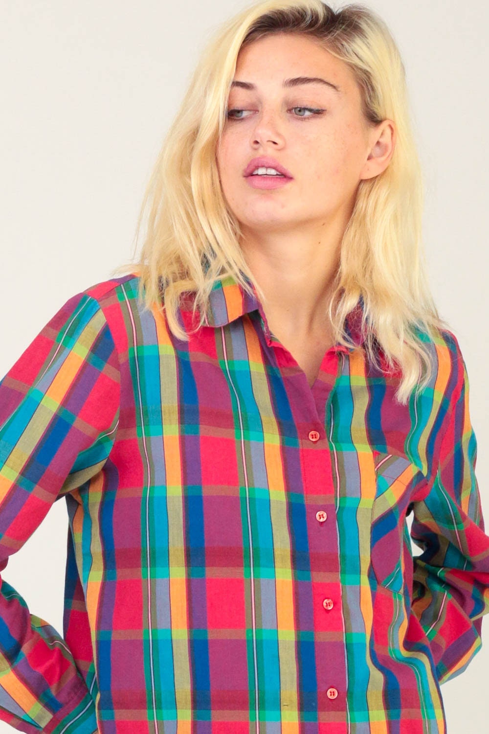 80s Diane Von Furstenberg Plaid Button-Up Blouse Multicolour Cotton Large