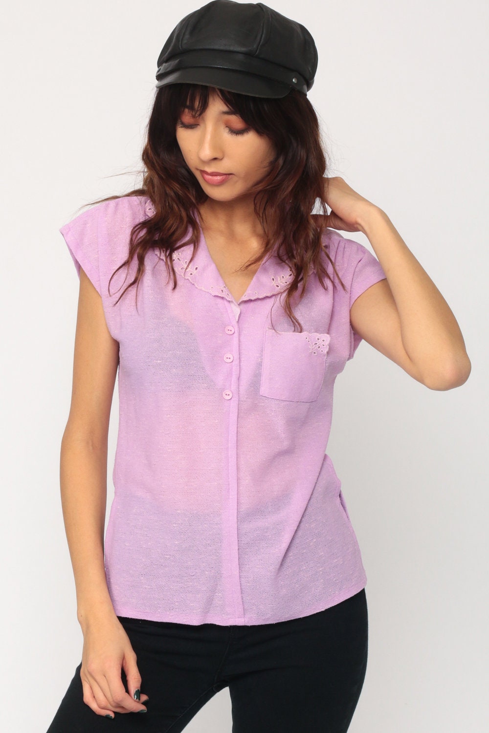 70s Lavender Button-Up Blouse Cap Sleeve Floral Eyelet Cutout Small Medium
