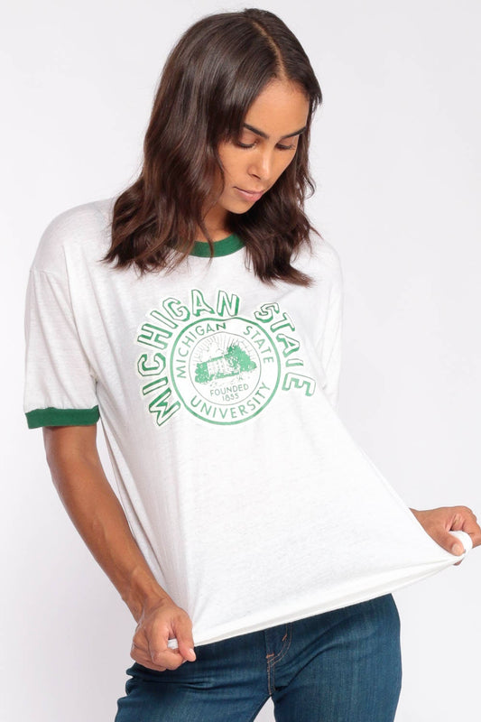 80s Michigan State University Ringer Tee Graphic Print Burnout Large