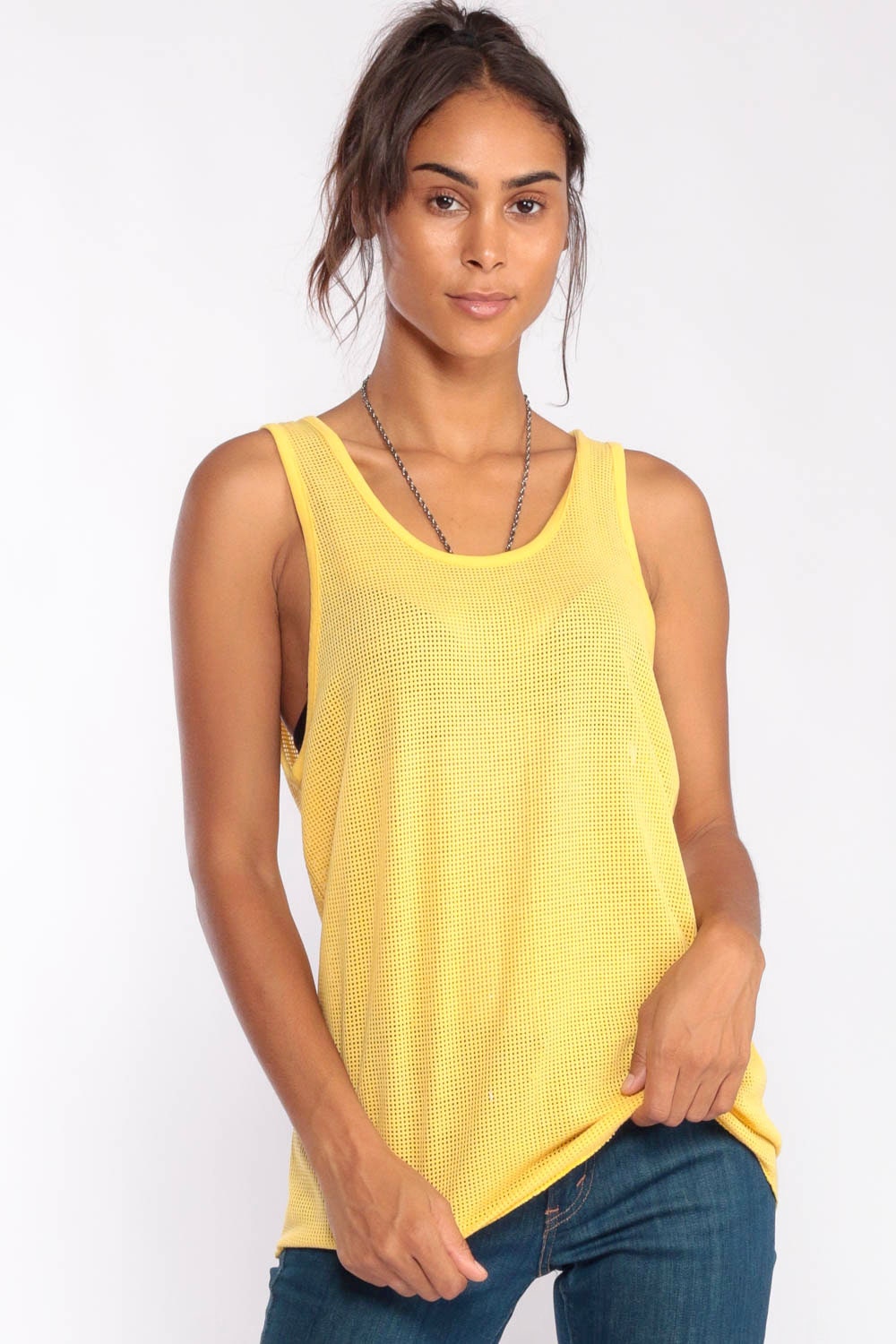 80s Yellow Mesh Tank Top Sheer Sleeveless Jersey Unisex Large