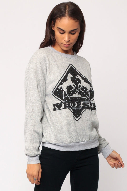 80s I Heart Horses Graphic Sweatshirt Grey Unisex Crewneck Medium